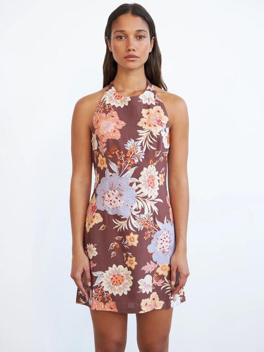 Image of a model wearing Dress. Productname: Lulu & Rose Amber Halter Dress in Peony Floral colour by brand - Lulu & Rose