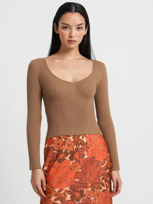 Image of a model wearing Tops. Productname: Lulu & Rose Elsa Knitted Top in Taupe colour by brand - Lulu & Rose