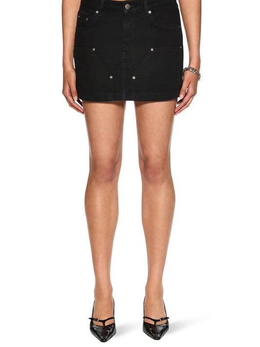 Image of a model wearing Skirts. Productname: Ksubi Low Rider Mini Skirt - Barnyard Black in Barnyard Black colour by brand - Ksubi