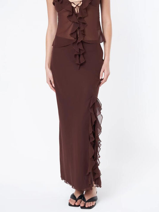 Image of a model wearing Skirts. Productname: Beyond Her Bria Frill Skirt in Chocolate colour by brand - Beyond Her