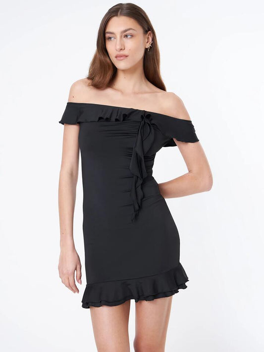 Image of a model wearing Dress. Productname: Beyond Her Halle Bardot Mini Dress in Black colour by brand - Beyond Her