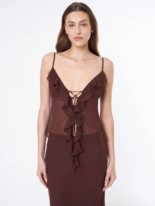 Image of a model wearing Tops. Productname: Beyond Her Bria Frill Top in Chocolate colour by brand - Beyond Her