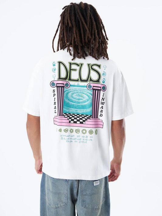 Image of a model wearing Tops. Productname: Deus Half String Tee in Vintage White colour by brand - Deus