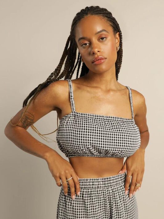 Image of a model wearing Tops. Productname: Lulu & Rose Renee Top in Black Gingham colour by brand - Lulu & Rose