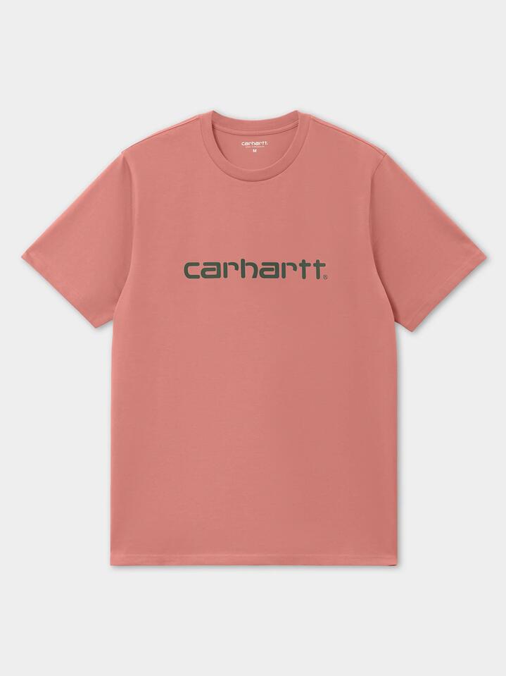 Image of a model wearing Tops. Productname: Carhartt Wip Script T-Shirt in Dusty Rose/Sycamore Tree colour by brand - Carhartt Wip