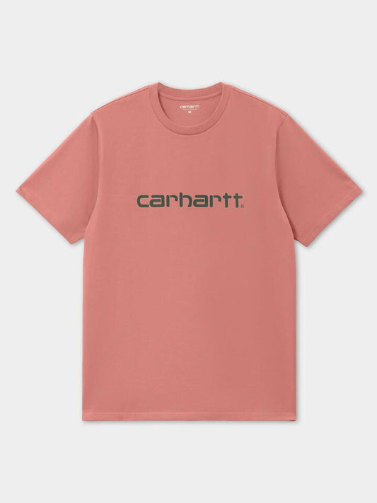 Image of a model wearing Tops. Productname: Carhartt Wip Script T-Shirt in Dusty Rose/Sycamore Tree colour by brand - Carhartt Wip