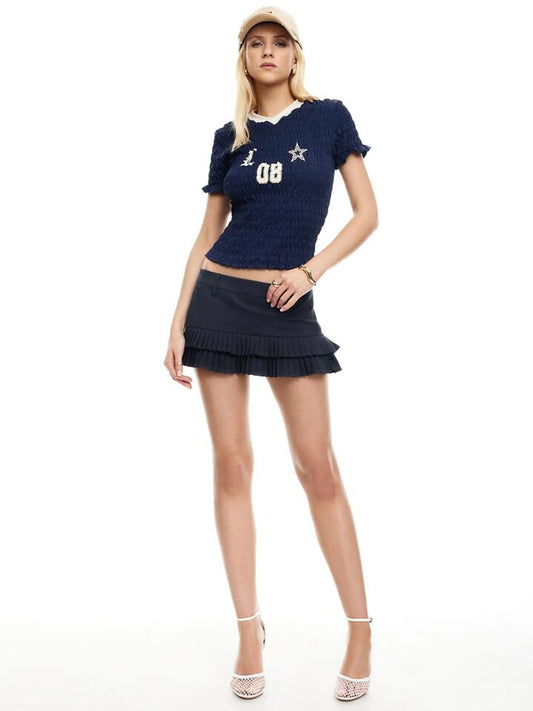 Image of a model wearing Tops. Productname: Lioness Scrunched Spectate Top in Indigo colour by brand - Lioness