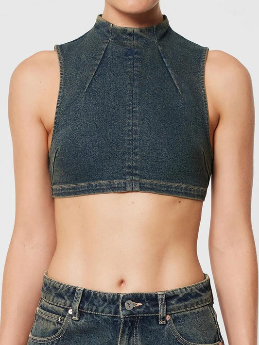Image of a model wearing Denim. Productname: Abrand Nightlife Mock Neck Quinn in Tint Dark Blue colour by brand - Abrand