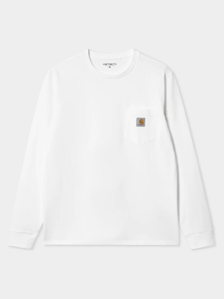 Image of a model wearing Tops. Productname: Carhartt Wip Long Sleeve Pocket T-Shirt in White colour by brand - Carhartt Wip