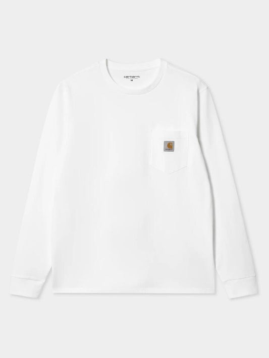 Image of a model wearing Tops. Productname: Carhartt Wip Long Sleeve Pocket T-Shirt in White colour by brand - Carhartt Wip