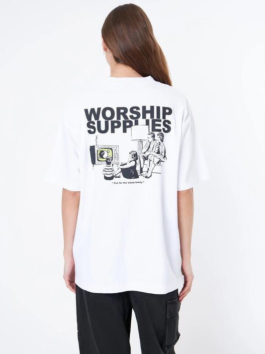 Image of a model wearing Tops. Productname: Worship Sedated Oversize Tee in White colour by brand - Worship