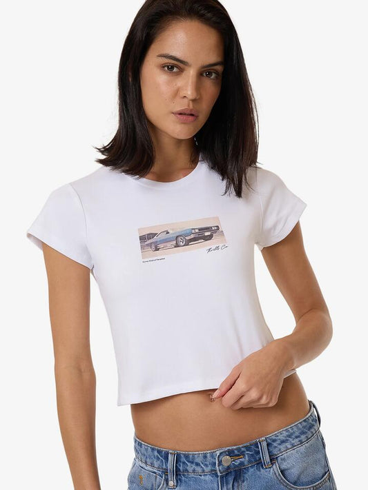 Image of a model wearing Tops. Productname: Thrills Paradise Wheels Mini Tee in White colour by brand - Thrills