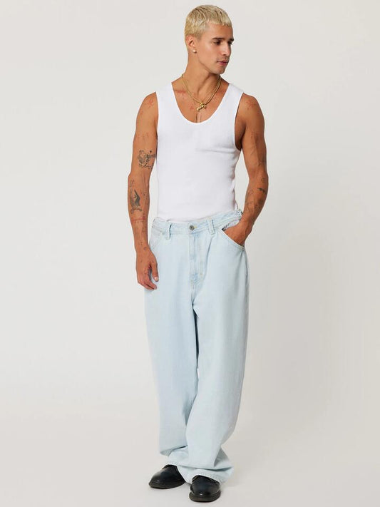 Image of a model wearing Denim. Productname: Abrand A6 Big Baggy Dwight in Bleached Vintage Blue colour by brand - Abrand