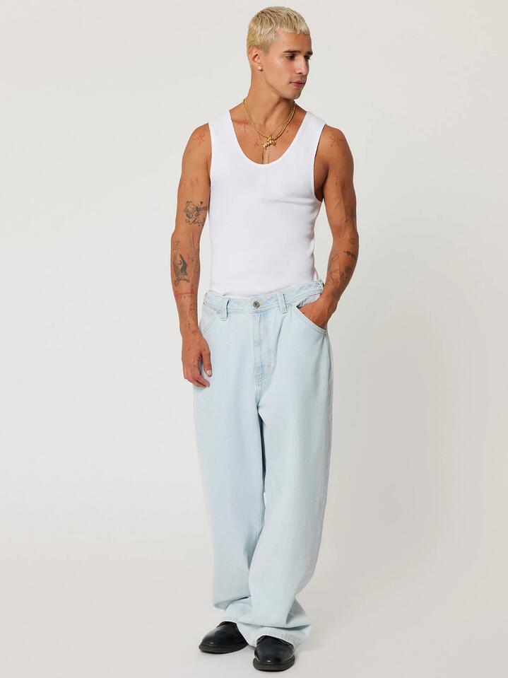 Image of a model wearing Shorts. Productname: Abrand A6 Big Baggy Dwight in Bleached Vintage Blue colour by brand - Abrand