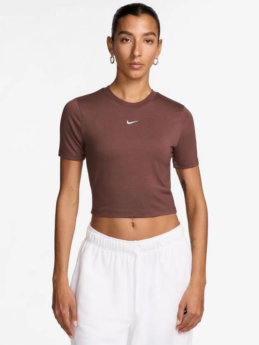 Image of a model wearing Tops. Productname: Nike Slim-Fit Crop T-Shirt in Red Sepia/White colour by brand - Nike