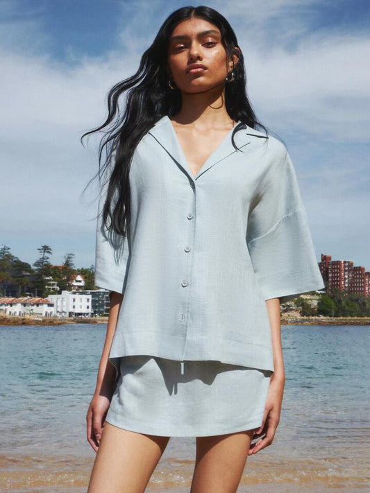 Image of a model wearing Tops. Productname: Lulu & Rose L&R Boxy Shirt in Icy Aqua colour by brand - Lulu & Rose