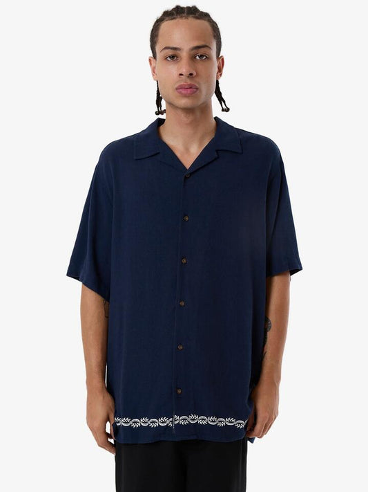 Image of a model wearing Tops. Productname: Thrills Terrace Bowling Shirt in Total Eclipse colour by brand - Thrills