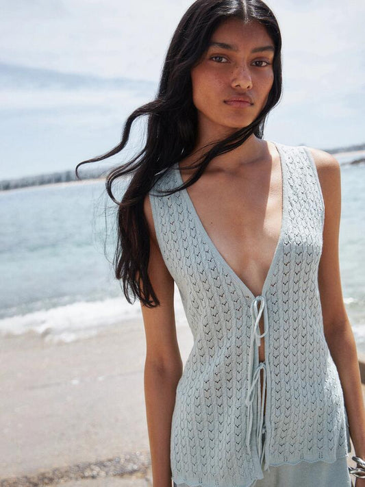Image of a model wearing Tops. Productname: Lulu & Rose Kim Knit Top in Icy Aqua colour by brand - Lulu & Rose