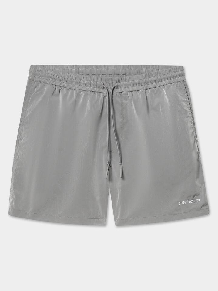 Image of a model wearing Shorts. Productname: Carhartt Wip Tobes Swim Trunks in Sonic Silver/White colour by brand - Carhartt Wip