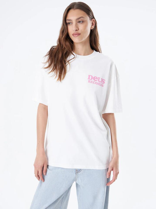 Image of a model wearing Tops. Productname: Deus Love Language Tee in Vintage White colour by brand - Deus