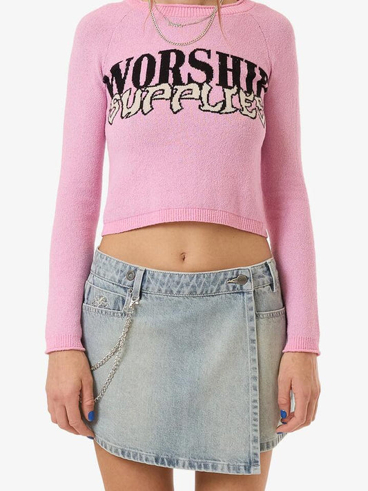 Image of a model wearing Skirts. Productname: Worship Vexed Denim Mini Skirt in Dirty Trade Blue colour by brand - Worship