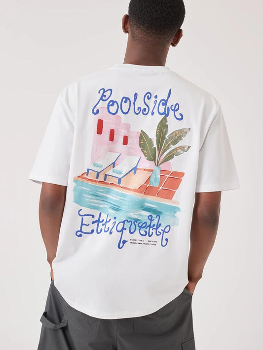Image of a model wearing Tops. Productname: Barney Cools Pool Tee in White colour by brand - Barney Cools