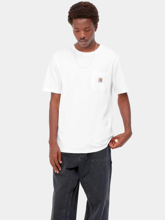 Image of a model wearing Tops. Productname: Carhartt Wip Pocket T-Shirt in White colour by brand - Carhartt Wip