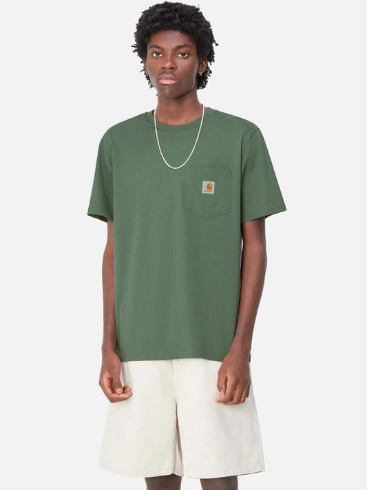 Image of a model wearing Tops. Productname: Carhartt Wip Pocket T-Shirt in Duck Green colour by brand - Carhartt Wip