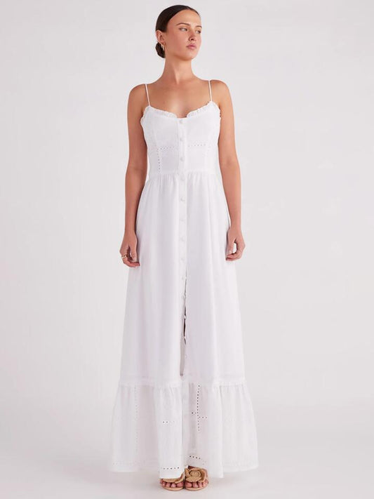 Image of a model wearing Dress. Productname: SNDYS Astrid Maxi Dress in White colour by brand - SNDYS