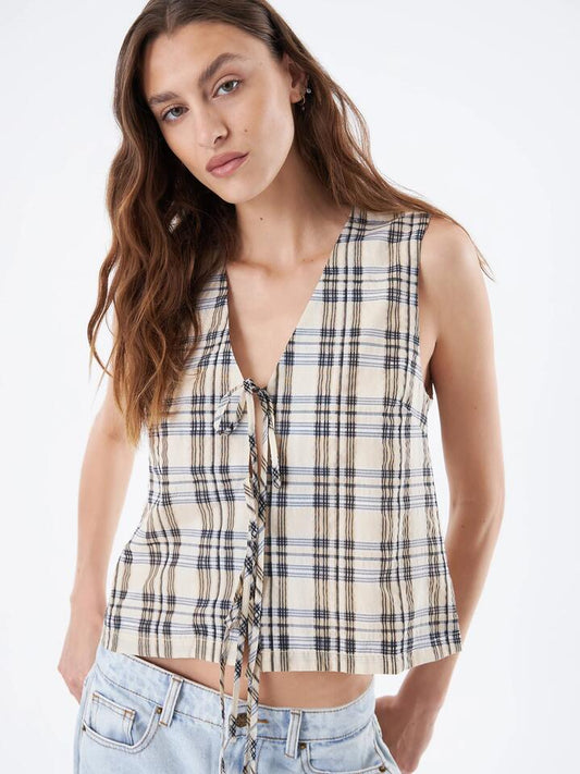 Image of a model wearing Tops. Productname: Beyond Her Kaia Top in Banana Check colour by brand - Beyond Her