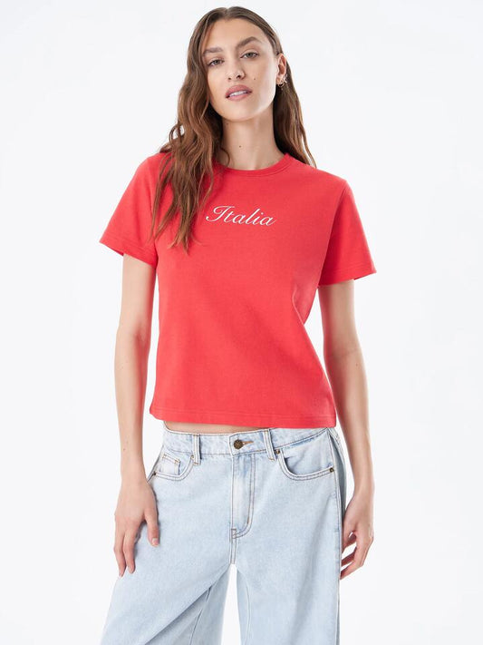 Image of a model wearing Tops. Productname: Beyond Her Italia Tee in Cherry Red colour by brand - Beyond Her