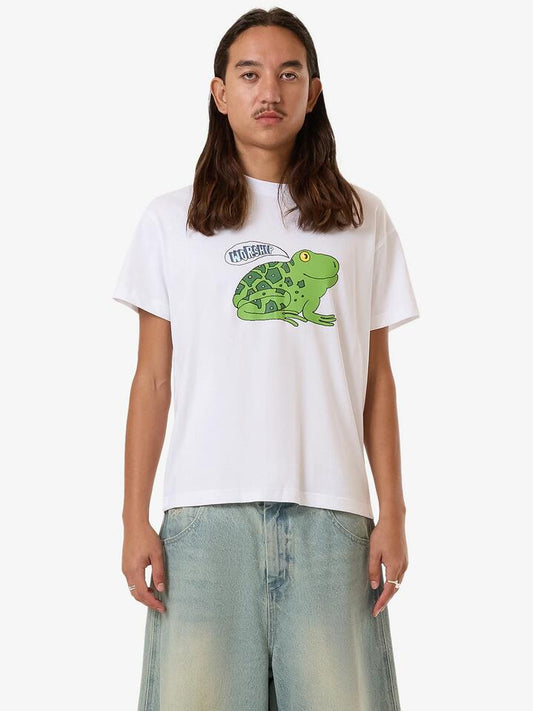 Image of a model wearing Tops. Productname: Worship Croak Fitted Tee in White colour by brand - Worship