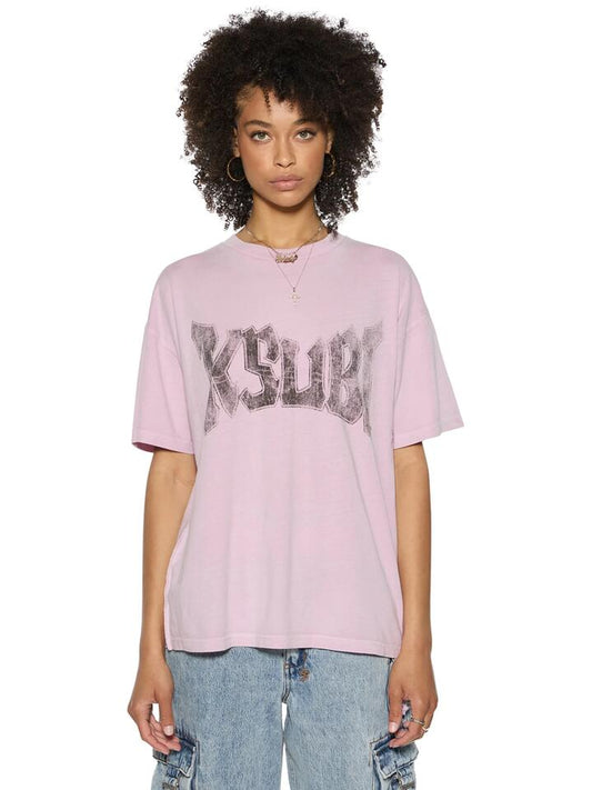 Image of a model wearing Tops. Productname: Ksubi World Tour Oh G Ss Tee in Lilac colour by brand - Ksubi