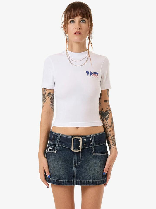 Image of a model wearing Tops. Productname: Worship Logomania Slim Fit Tee in White colour by brand - Worship