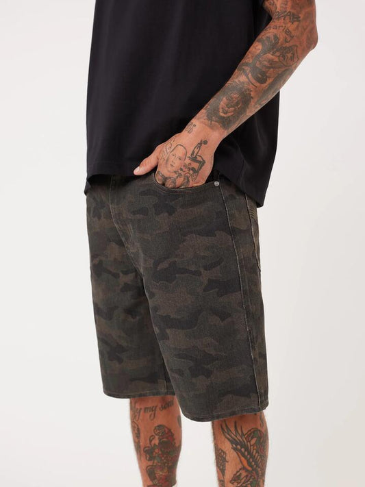 Image of a model wearing Denim. Productname: Zanerobe Legacy Denim Short in Dark Camo colour by brand - Zanerobe