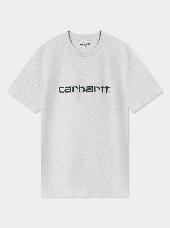 Image of a model wearing Tops. Productname: Carhartt Wip Script T-Shirt in Ash Heather/Duck Blue colour by brand - Carhartt Wip