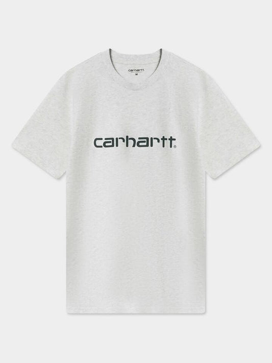 Image of a model wearing Tops. Productname: Carhartt Wip Script T-Shirt in Ash Heather/Duck Blue colour by brand - Carhartt Wip