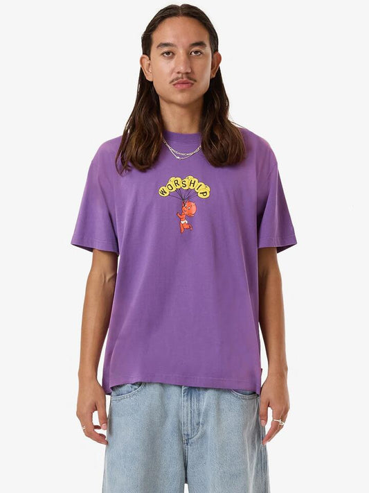 Image of a model wearing Tops. Productname: Worship Floater Vintage Tee in Prism Violet Fade colour by brand - Worship