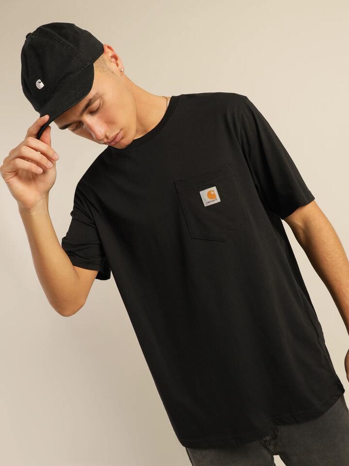 Image of a model wearing Tops. Productname: Carhartt Wip Pocket Short Sleeve T-Shirt in Black colour by brand - Carhartt Wip