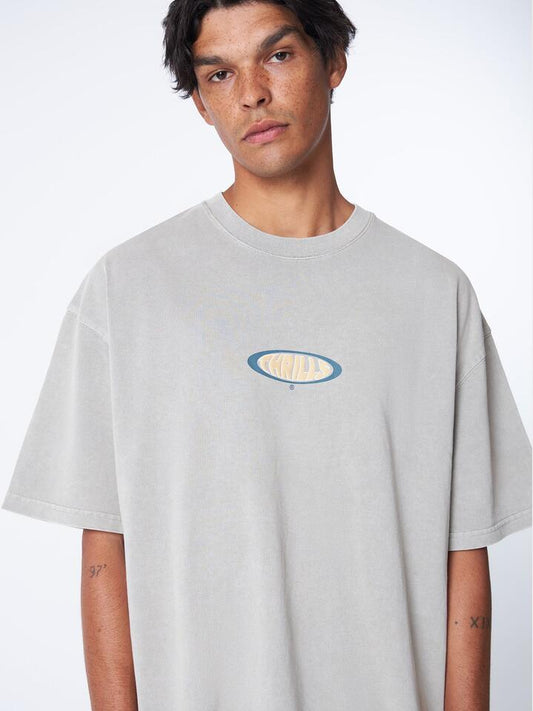 Image of a model wearing Tops. Productname: Thrills Bueno Box Fit Oversize Tee in Fog colour by brand - Thrills