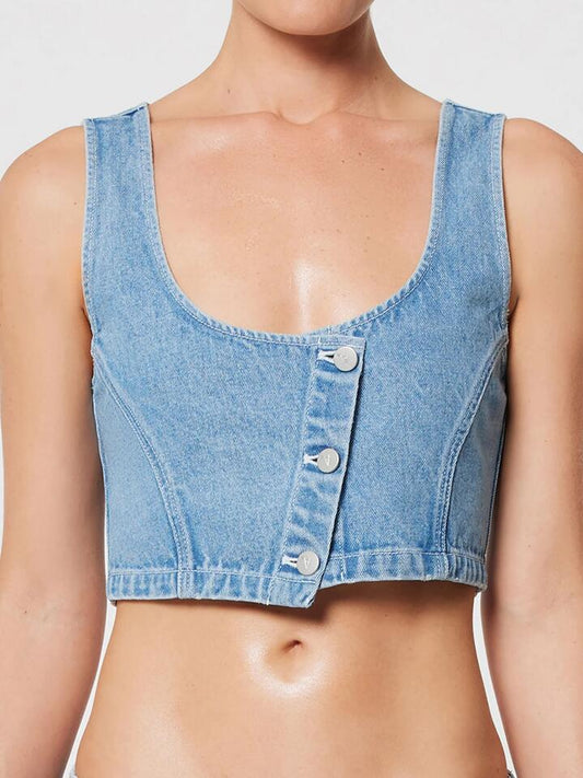 Image of a model wearing Denim. Productname: Abrand Suga Denim Crop Gigi in Mid Blue colour by brand - Abrand