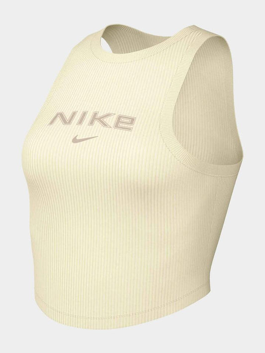 Image of a model wearing Tops. Productname: Nike Rib Crop Tank in Ivory/Sanddrift/Lt Orewood Brn colour by brand - Nike