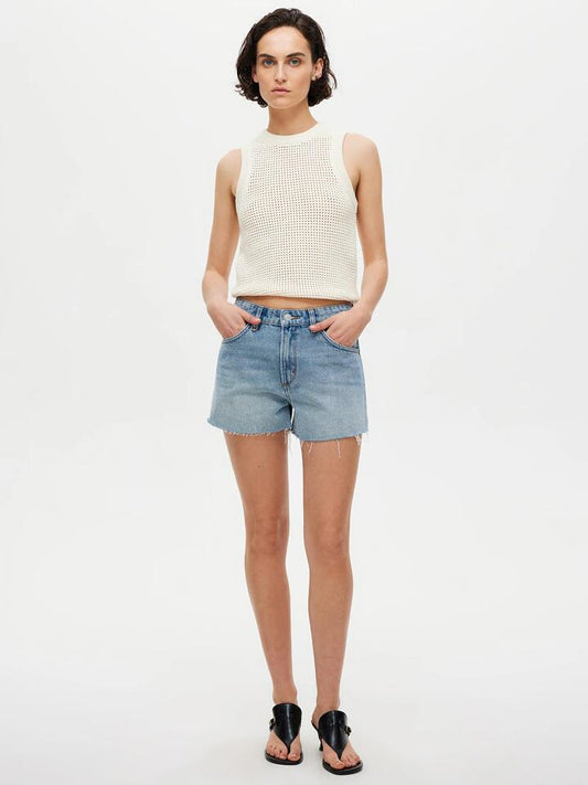Image of a model wearing Tops. Productname: Neuw Binx Crochet Tank in Ivory colour by brand - Neuw