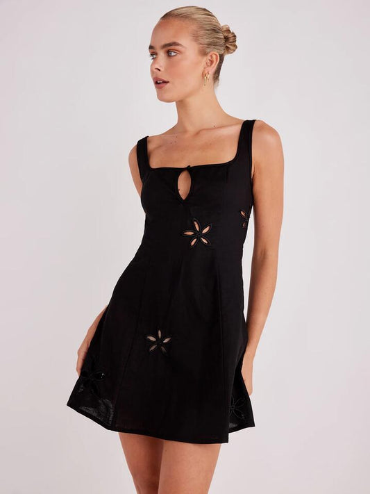 Image of a model wearing Dress. Productname: SNDYS Flora Mini Dress in Black colour by brand - SNDYS