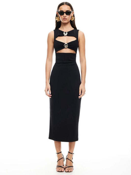 Image of a model wearing Dress. Productname: Lioness After Hours Midi Dress in Onyx colour by brand - Lioness