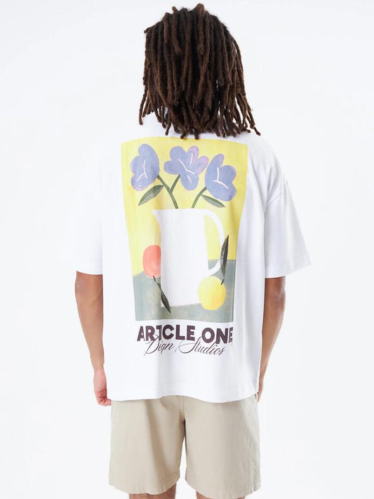 Image of a model wearing Tops. Productname: Article One Flora Logo Tee in White colour by brand - Article One