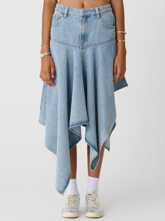 Image of a model wearing Skirts. Productname: Xgirl Mills Hankerchief Skirt in Washed Denim colour by brand - Xgirl