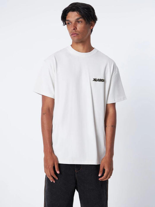 Image of a model wearing Tops. Productname: Xlarge Pizza Delivery Tee in Pigment White colour by brand - Xlarge
