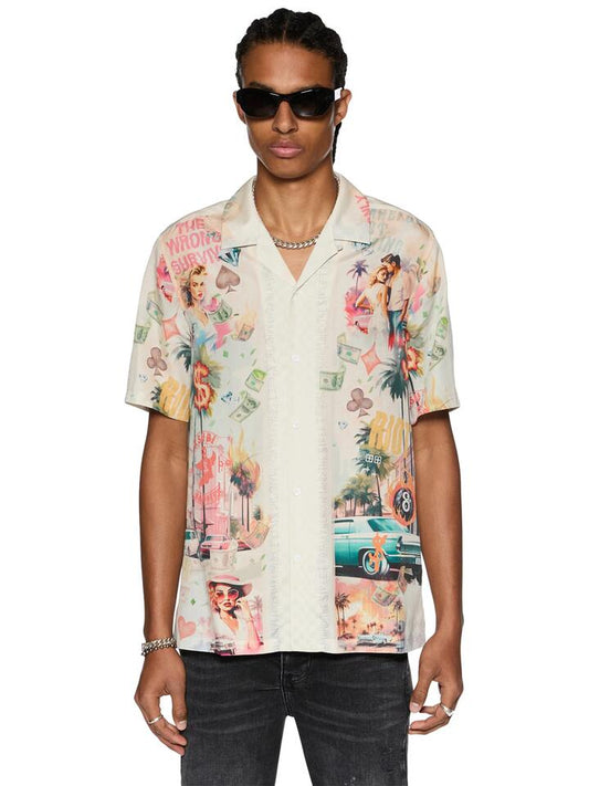 Image of a model wearing Tops. Productname: Ksubi World Order Resort Shirt in Multi colour by brand - Ksubi