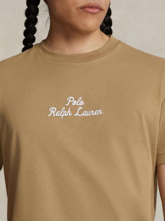 Image of a model wearing Tops. Productname: Polo Ralph Lauren Polo 26/1 Mini Script in Desert Khaki colour by brand - Polo Ralph Lauren